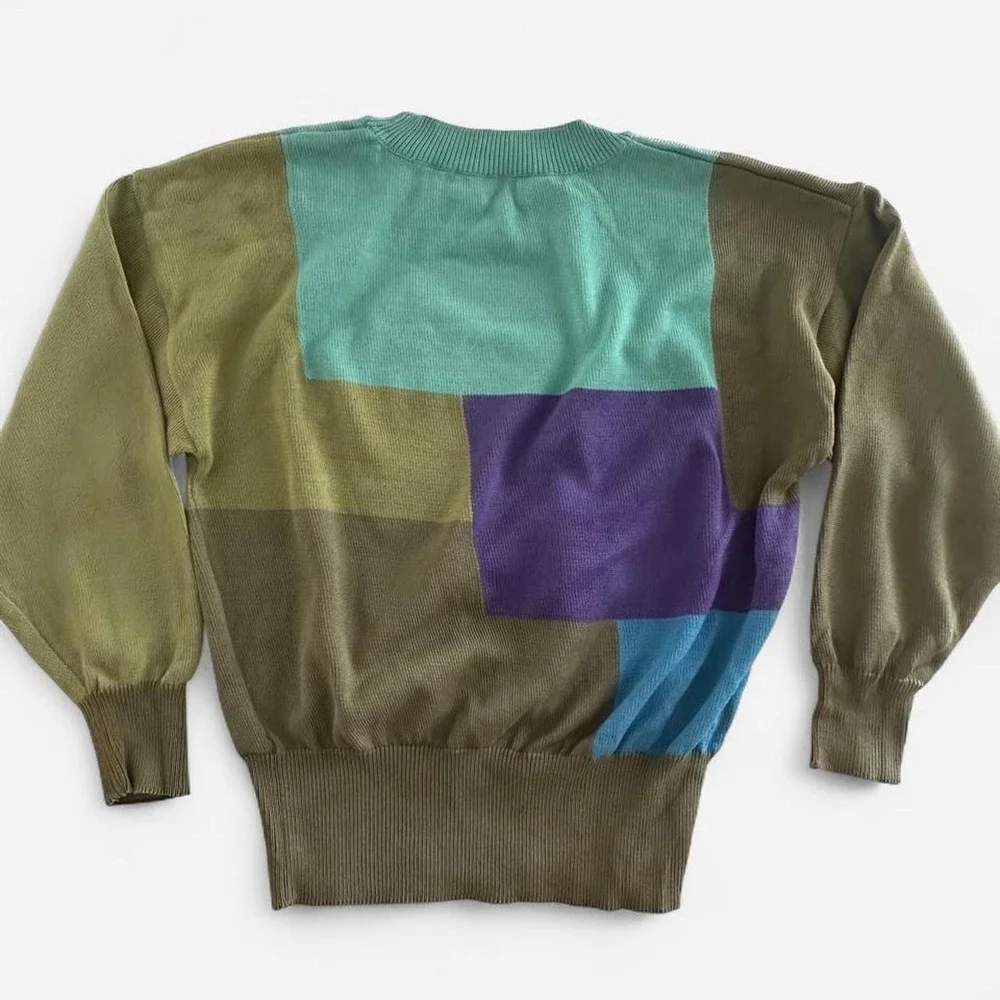 Escada Margaretha Ley Vintage Colorblock Car Applique Sweater W-Germany 80s